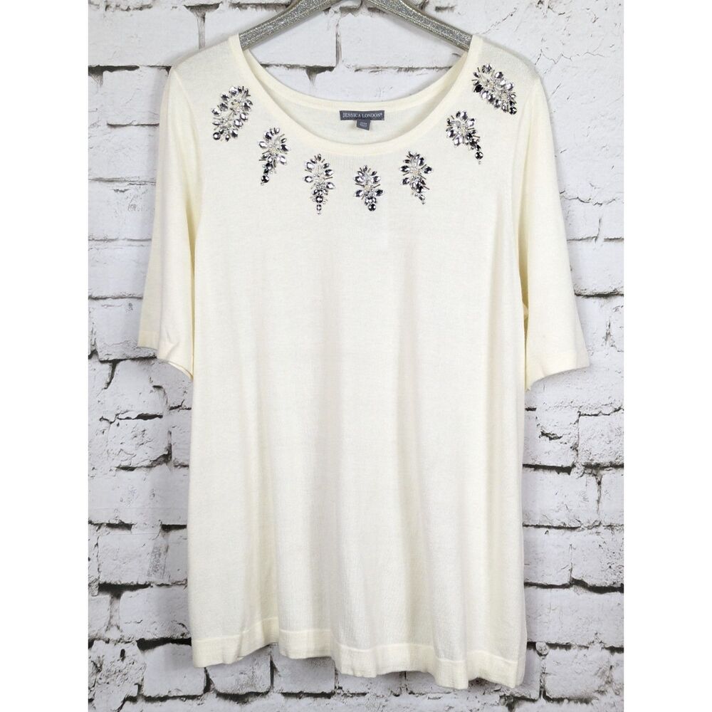 JESSICA LONDON Beaded Sequined Knit Sweater 10% Cashmere Cream Size 22/24 NWT